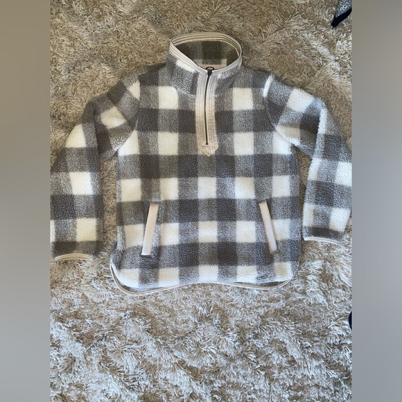 Abercrombie & Fitch Teddy Bear Sherpa Buffalo Grey Checkered 3/4 Zip Pockets M - Picture 2 of 9